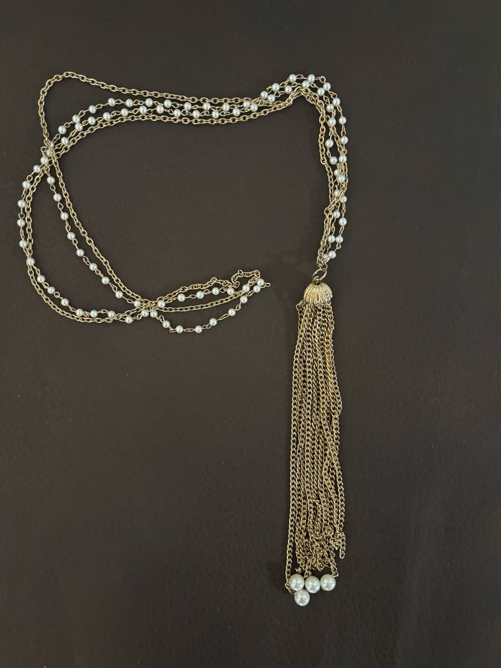 Elegant Gold-Tone Pearl Tassel Necklace